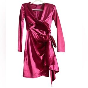 Fashion Nova Satin Burgundy Long Sleeve Dress